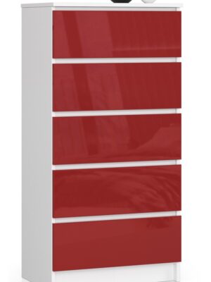 Ak furniture Komoda Kuba 60 cm - 5 zásuviek biela/červená